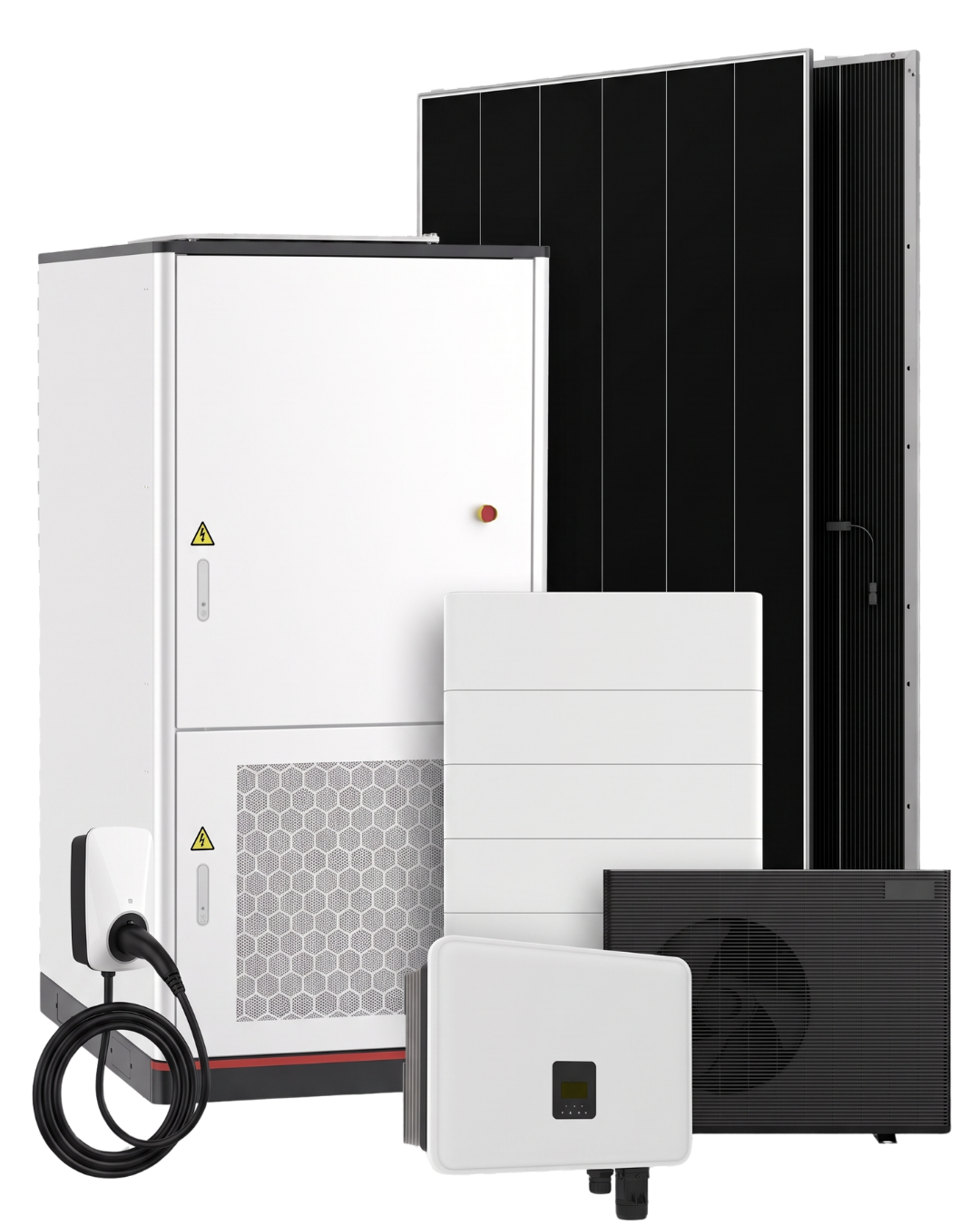 PVHUB solar energy system — panel, inverter, battery, storage cabinet, heat pump, and EV charger